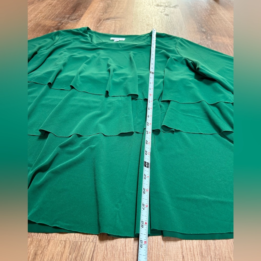 Susan Graver Liquid Knit Tiered Blouse Top 2X Green Stretch Holiday 3/4 Sleeves - Picture 8 of 9